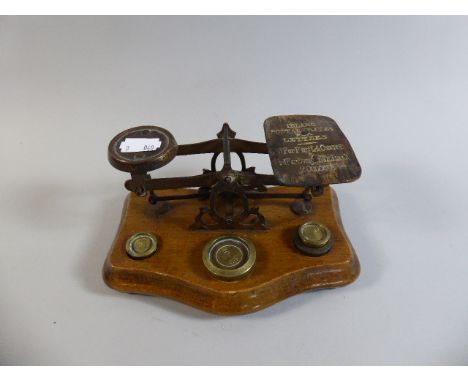 A Set of Late Victorian Postage Scales on Wooden Plinth, WIth Weights, 17cm Wide