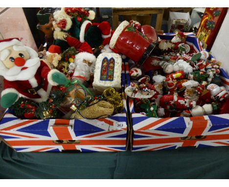 Two Boxes Containing Musical Santa Ornaments, Ceramic Ornaments, Christmas Candles etc