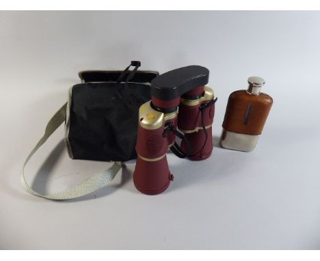 A Leather and Silver Plate Mount Hip Flask Together with a Pair of Modern Binoculars in Canvas Bag 