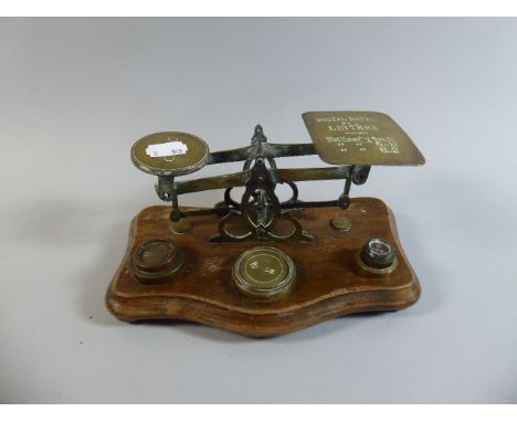 A Set of Late Victorian Postage Scales on Wooden Plinth, With Weights, 21cm Wide 