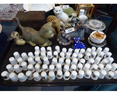 A Collection of Cat and Animal Ornaments, Souvenir Thimbles, Ceramic Pots and Dishes 