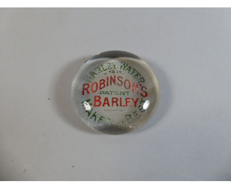A Vintage Glass Advertising Paperweight for Robinson's Barley Water, Makes the Best, 8cm Wide