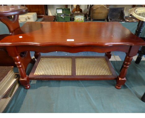 A Mahogany Two Tier Rectangular Coffee Table with Cane Stretcher Shelf, 79cm Long