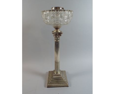 A Late Victorian Silver Plated Corinthian Column Oil Lamp Stand on Square Stepped Base and Glass Reservoir, 48cm High 