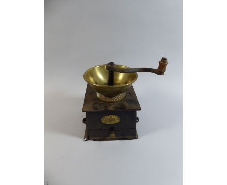 A Brass Mounted Cast Metal Coffee Grinder, 15cm High 