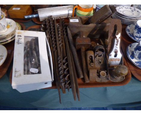 A Collection of Vintage Tools to Include Stanley and Other Planes, Drill Bits, Brass Mounted Set Square, Drills Etc