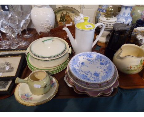 A Tray of Ceramics to Include Decorated Plates, Vintage Grindley Coffee Pot, Palissy Tureen etc 