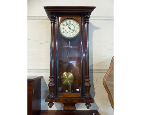 A Late Victorian Cased Single Weight Vienna Wall Clock with Enamel Dial, Working Order, 98cm High 