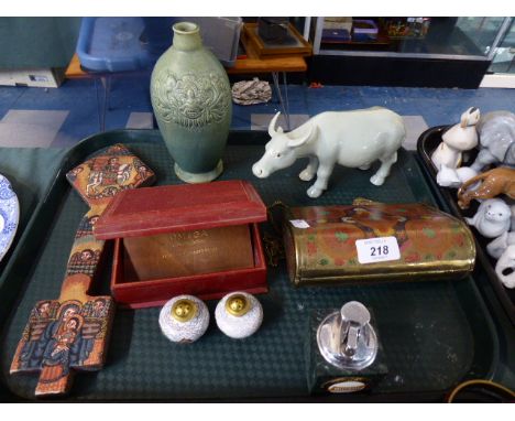 A Tray of Curios to Include Table Lighter, Metal Indian Ladies Purse, Ceramic Water Buffalo, Omega Constellation Box etc