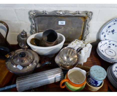 A Tray of Vintage Kitchen Wares to Include Ceramic Jelly Moulds, Two Rolling Pins, Silver Plated Tea Service, Sugar Sifter, M