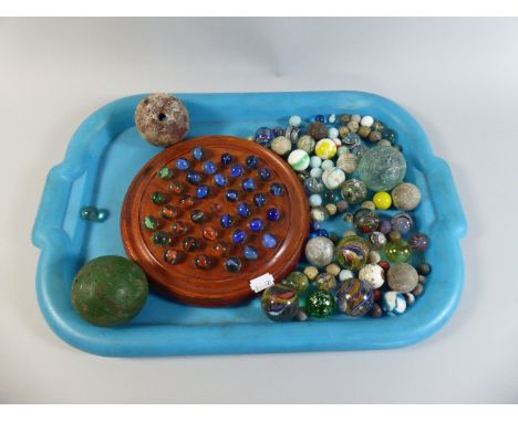 A Collection of Various Vintage Marbles, Wooden Balls Together with Marble Solitaire Game