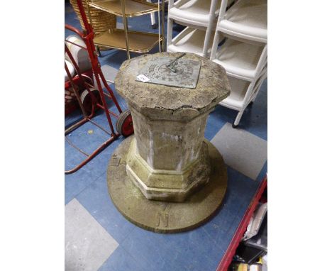 A Reconstituted Stone Octagonal Garden Plinth on Compass Rose Base and Sundial Top, 54cm high  