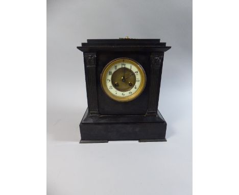 A Late Victorian French Black Slate Mantle Clock of Architectural Form, 29cm High