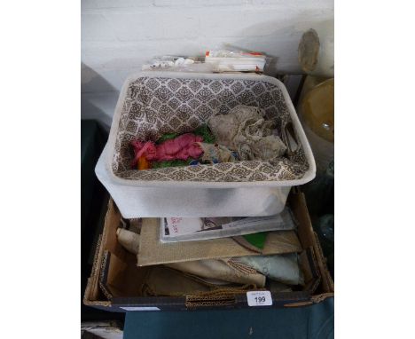 A Box Containing Silks, Vintage Patterns, Knitting Needles, Sewing Accessories, Embroideries 