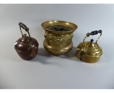 One Brass Kettle, One Copper Kettle and Brass Planter 