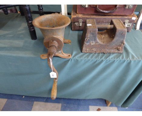 A Vintage Heavy Duty Cast Iron Mincer and Avery 56lb Weight