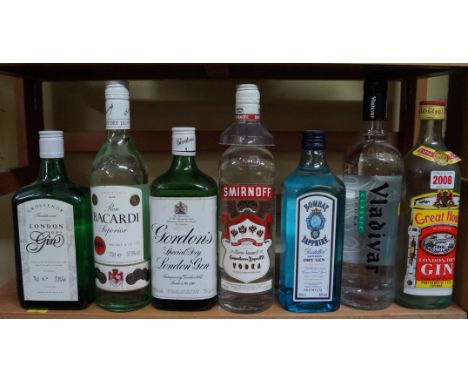 Seven various 70cl bottles of spirits, comprising: Bombay Sapphire London dry gin; Great House London gin; Smirnoff vodka; Vl