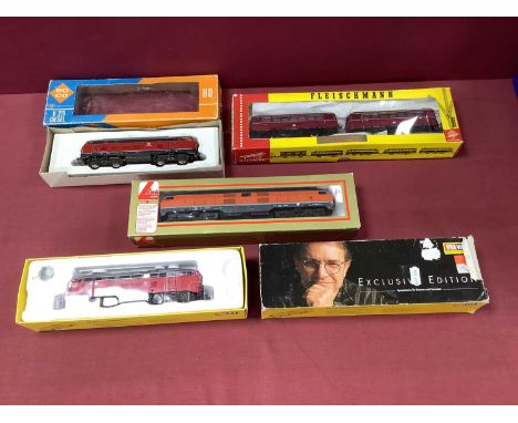 Four 'HO' Gauge Continental Outline Diesel Locomotives, comprising a Brawa Ref 0392 Bo-Bo Class 216 of DB Railway, grey/red l