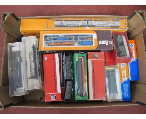 Twenty Seven 'HO' Gauge Items of continental Outline Rolling Stock, by Jouef, Roco, Rivarossi, etc, box vans, hopper, coaches