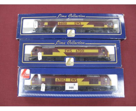 Three Lima 'OO' Gauge/4mm Boxed Diesel Locomotives, E.W.S livery, a Ref No L204679 R/No 66001, plus two class 67's, Ref No L2