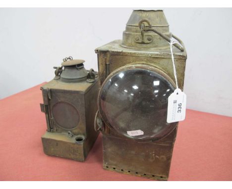 Railwayana - Two Original Pre-War Railway Oil Lamps, both stamped SR, the larger lamp inner with 'Bulls Eye' Lens measuring a