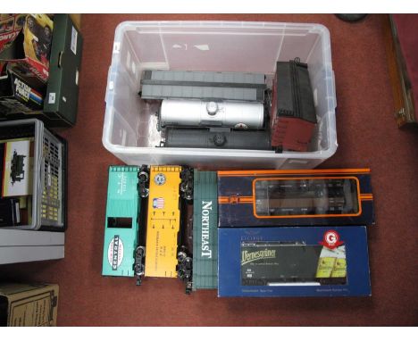 Seven 'G' Gauge, Gauge One Unboxed Items of Bogie Rolling Stock by Piko, Bachmann etc, comprising two tank wagons, an AT and 