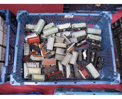 Sixty Plus Triang 'TT' Gauge/3mm Unboxed Items of four Wheel Rolling Stock, comprising a track cleaner, bulk ore hoppers (7),
