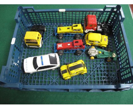 Eight Scalextric Slot Cars and Trucks to include Minis (2), Stick Shifter and Fender Bender Stock Cars, Rover 3500 Police Car