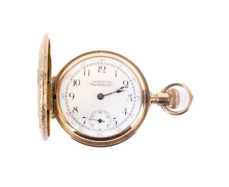 An American Waltham 14ct gold full hunter pocket watch in a ROY case. The black Arabic numerals and red seconds to the white 