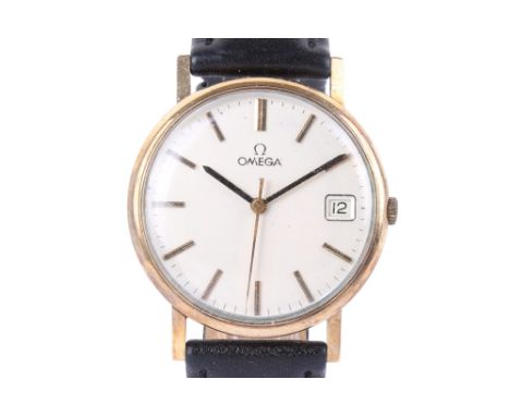 A circa 1960s/70s gentleman's probably 9ct gold cased Omega wristwatch. Silver dial with baton markings and date function, me