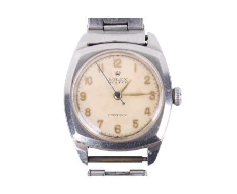 A gentleman's stainless steel Rolex Oyster Precision watch. Serial number indicates 1940s production date. Cream dial with Ar