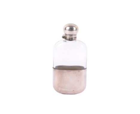 A silver plated mounted hip flask. Marked James Dixon & Sons with a 'Trumpet and Banner', having a hinged stopper, L13.5cm 