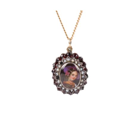 An enamel pendant on a 9ct gold chain. The enamel portrait of a young girl surrounded by a row of half pearls and garnet, 2cm