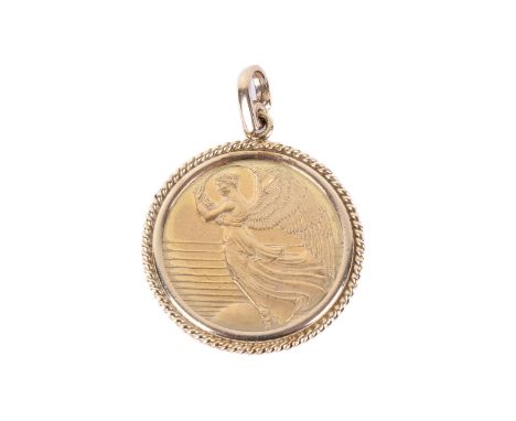 A vintage yellow metal medallion. The medallion having an angel to one side and marked 'To Soar On Wings Of Fragile Victory, 