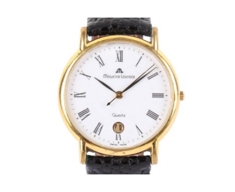 A gentleman's modern Maurice Lacroix watch. Round gold plated case on a leather strap, white dial with Roman numeral markings