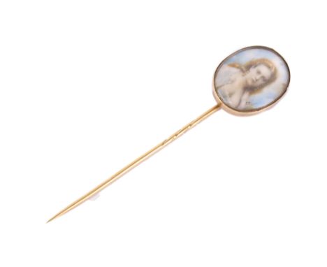 A 19th century miniature painting stick pin. Painted with a blond haired young lady, mounted in metal which tests at least 9c