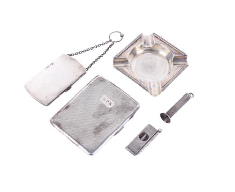 Five silver smoking related items. Comprising a rectangular ashtray with a ribbed edge, maker Atkin Brothers, Sheffield 1945,