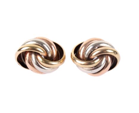 A pair of 9ct gold vintage earrings. Featuring three differently toned strands wrapped in a 'swirl' effect, H2.5cm, 10.7g 