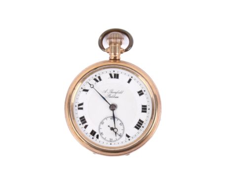 A gentleman's gold-plated pocket watch. Having white enamel Roman dial inscribed A. Thursfield, Padiham, case diameter 4.6cm.
