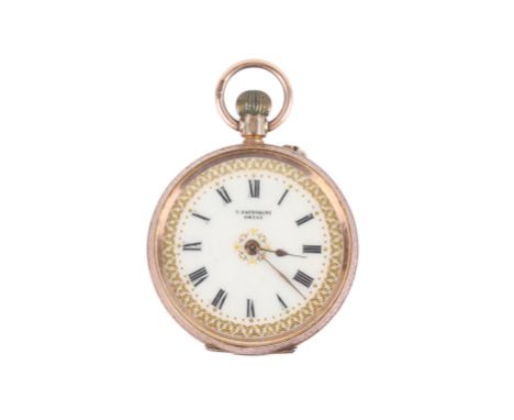 A 9ct gold cased lady's fob watch. The 2.9cm diameter white enamel Roman dial inscribed T. Fattorini, Swiss, with black Roman