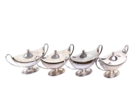 A set of four George III silver sauce tureens and covers. Maker Daniel Smith &amp; Robert Sharp, London 1777 and 1784, oval w