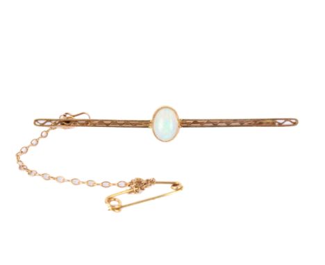 A yellow metal and opal bar brooch. The narrow bar with a wavy design, the opal measuring circa 0.8cm x 0.5cm, with security 
