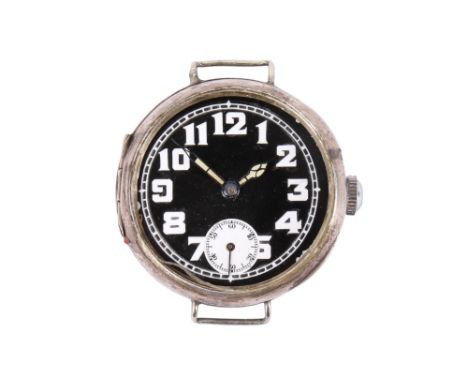 A circa 1920s Rolex watch and earlier silver case. With white Arabic numerals to the black enamel dial, secondary dial at 6, 