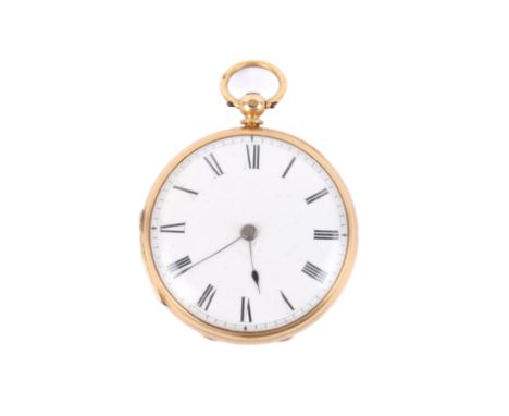 An early 20th century open face fob watch. Hallmarked 18ct gold. Unattributed white dial with Roman numeral markings. Engine 