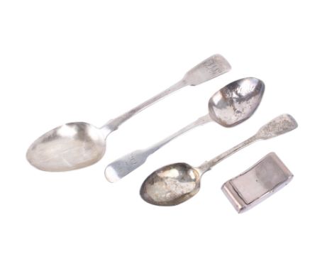 Three Georgian silver spoons and and tobacco box. The spoons including a William Woodman of Exeter example dated 1832, the bo