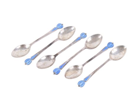 A set of Liberty & Co coffee spoons and other items. With light blue enamelled design, hallmarks for Liberty & Co Ltd, Birmin