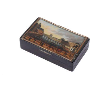 A 19th century French rectangular snuff box. Having reverse painted panel depicting view from the Pont Neuf towards the Louvr