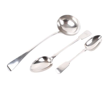 A Victorian silver ladle and two serving spoons. The ladle, maker Chawner & Co (George William Adams), London 1855, L33cm, 24