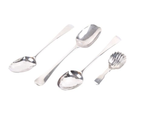 Four Georgian and Victorian silver spoons. Comprising three dessert spoons, one hallmarked London 1788, (makers mark rubbed) 
