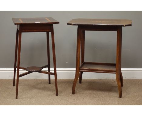 Edwardian inlaid mahogany square occasional table, W40cm, H71cm, a similar rectangular rosewood table, top inlaid with an ova